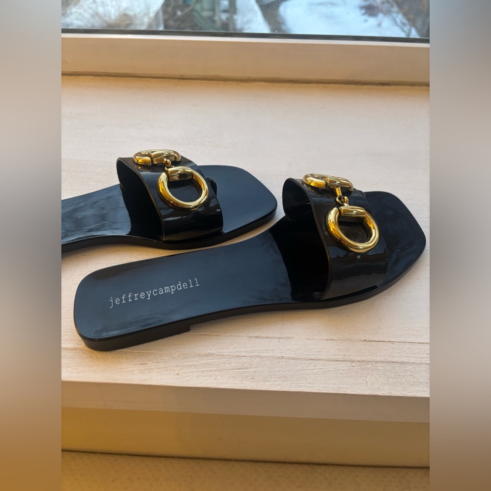 Jeffrey Campdell Black Sandals with Gold Accents